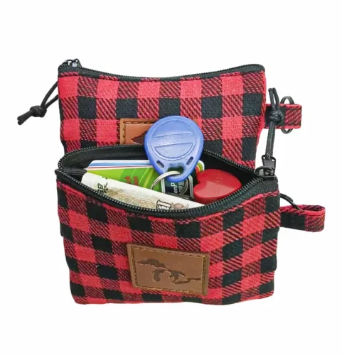 Customized zippered pouch featuring a leather patch, perfect for organizing essentials.