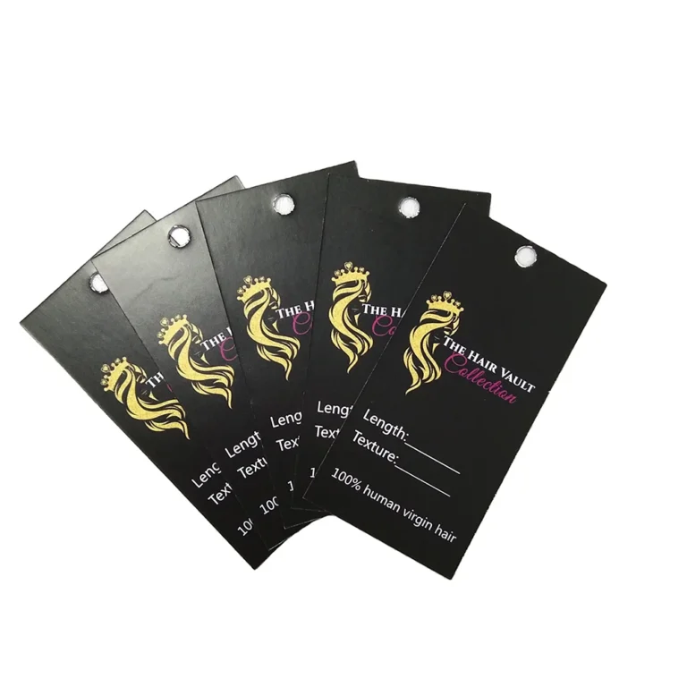 Custom Hair Product Tags designed for wig products, showcasing various sizes and finishes.