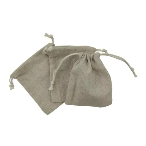 Custom linen drawstring bags in various sizes and colors, showcasing different styles.
