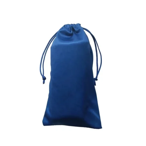 引き紐で開閉する、ブルーのカスタム マイクロファイバー製眼鏡バッグ。