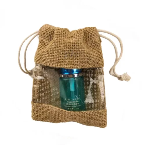 Pochette en toile de jute avec fenêtre transparente personnalisée présentant une fenêtre en PVC transparent, idéale pour afficher le contenu.