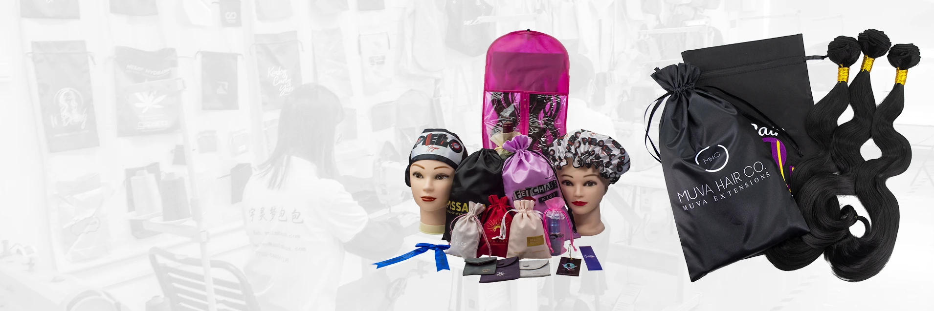 Custom fabric gift bags for wigs and jewelry, displayed in a production workshop setting.