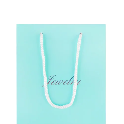 حقيبة ورقية مخصصة بمقابض حبل بيضاء وخلفية فيروزية نابضة بالحياة، مثالية للعلامة التجارية