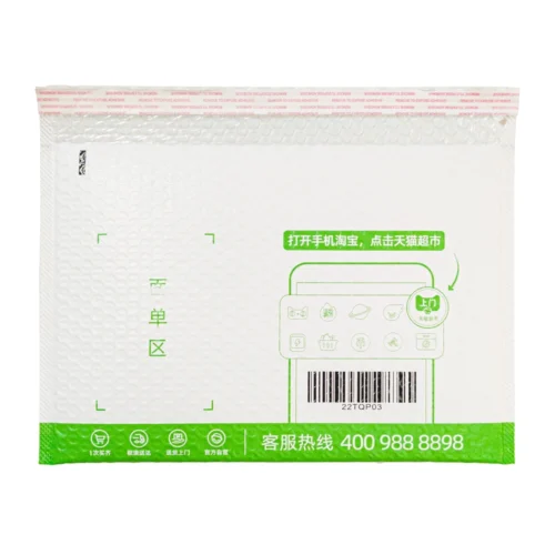 透明なデザインと緑のアクセントが特徴のカスタム PE パッド入り封筒。繊細なアイテムの発送に最適です。