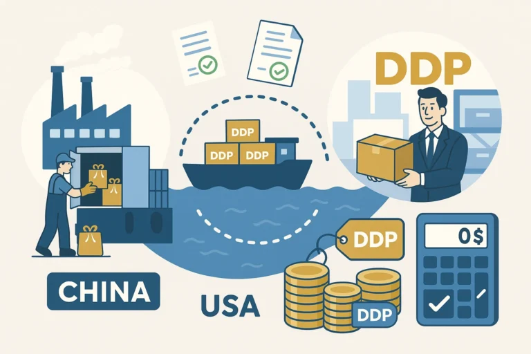 Eine Illustration zeigt den DDP-Versandprozess (Delivered Duty Paid) von China in die USA. Sie zeigt einen Arbeiter beim Verladen von Geschenkpaketen in einer Fabrik, ein mit mehreren DDP-Kartons beschriftetes Transportschiff, Zolldokumente sowie Symbole für Kosten und Zahlungen, die einen reibungslosen Versandablauf verdeutlichen.