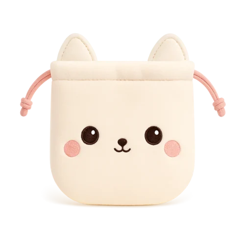 Exemple de pochette en peluche de dessin animé — sac à cordon en peluche en forme de chat crème avec visage brodé, microfibre épaisse et douce, cordons roses, personnalisable.