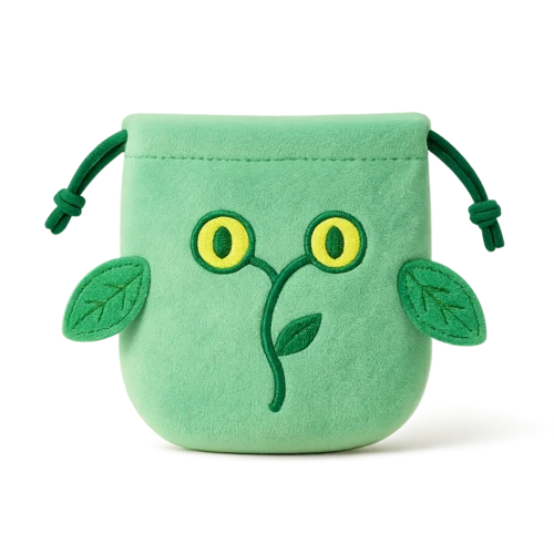 Pochette en peluche de dessin animé animé — sac à cordon en peluche verte avec motif œil de plante brodé et accents de feuilles ; échantillon pour personnalisation.
