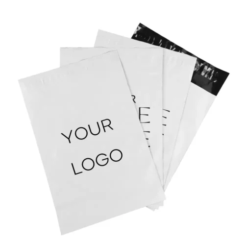 Stack of white custom polyethylene shipping bags showcased as sample poly mailers for e-commerce branding and secure dispatch.