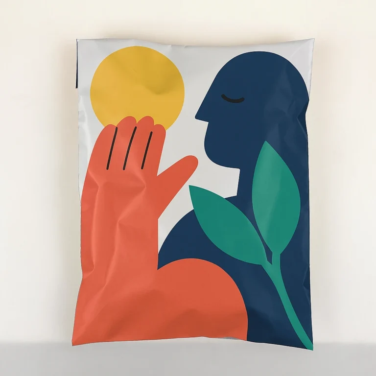 Custom printed polyethylene poly mailer shown as a sample branded shipping bag for e-commerce packaging.