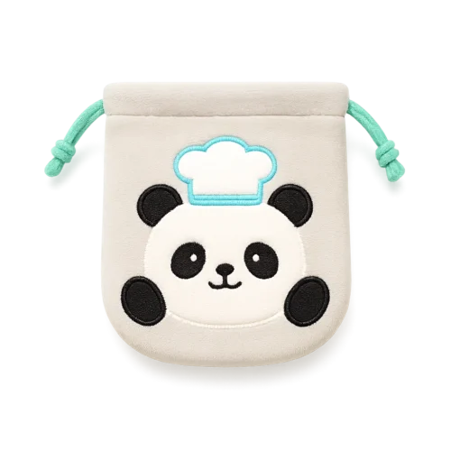 Pochette en peluche dessin animé : pochette en peluche beige avec cordon de serrage et personnage panda brodé en 3D et cordons vert menthe — échantillon personnalisable.