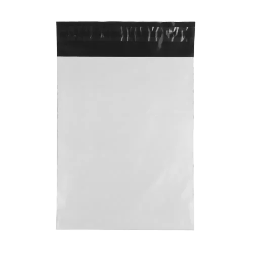 Single white polyethylene shipping bag with a black peel-and-seal strip, shown as a sample poly mailer for branded e-commerce packaging.