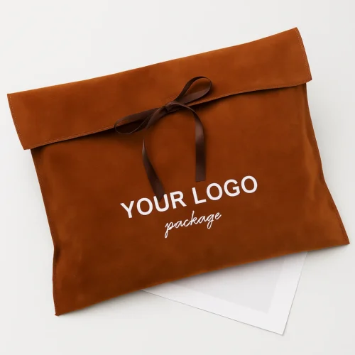Pochette à rabat en velours beige clair avec fermeture à ruban, exemple d'emballage de marque