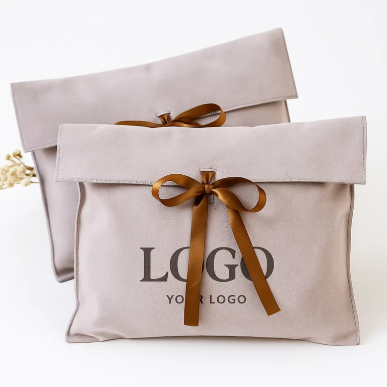 Pochette à rabat en velours beige clair avec ruban de satin, exemple d'emballage personnalisé avec logo