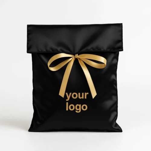 Pochette à perruque individuelle en satin noir à rabat avec ruban doré (échantillon) — pochette personnalisable pour perruques