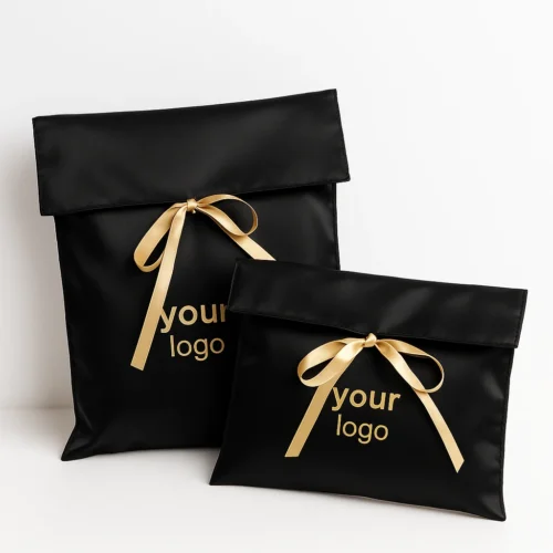 Échantillons de pochettes à perruques en satin noir à rabat avec ruban doré — plusieurs tailles et options de logo personnalisé
