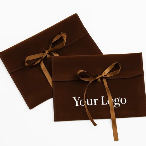 Deux pochettes à rabat en velours marron avec attaches en ruban, échantillon pour personnalisation.