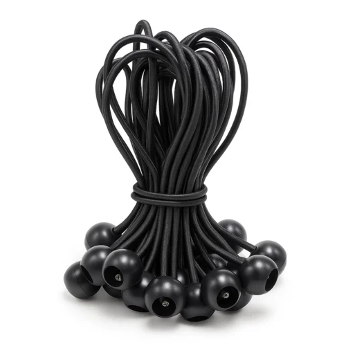 コードビーズ付きの黒いゴムループの束。カスタマイズ可能なコードビーズ付きのゴムループの例。