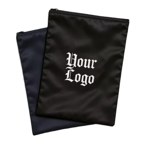 Two cap zipper bags stacked, black and dark navy sample set for custom branding Title: Cap zipper bag sample pair