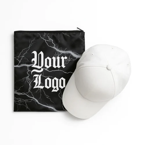 Cap zipper bag sample beside a cap to show scale and use for hat storage