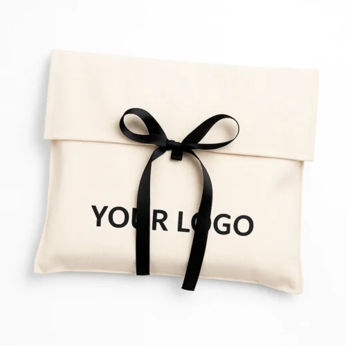 White-background sample of a cream custom fold over pouch with black ribbon tie, shown to illustrate clean branding potential.