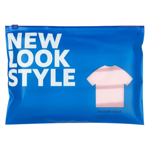 Sample custom printed zipper bag in bright blue with clear display window and zipper closure