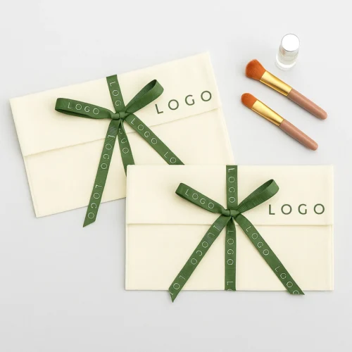 Sample custom fold over pouch in cream fabric with decorative ribbon, shown as a branding example