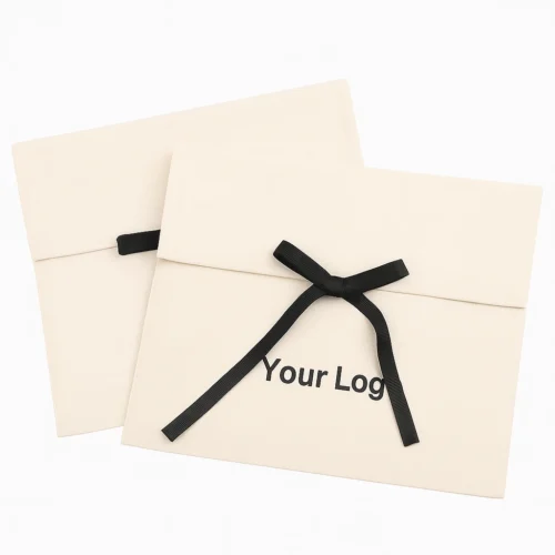 Minimal sample custom fold over pouch in neutral fabric with black ribbon bow, shown as a customization example