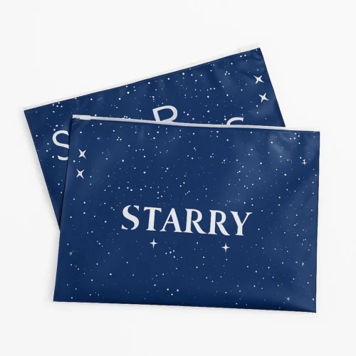 Sample custom printed zipper bag in deep navy with star-pattern graphic and secure zipper closure