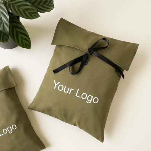 Sample olive green custom fold over pouch with ribbon tie, shown flat to display shape and finish.