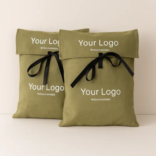 Pair of olive-colored custom fold over pouches with ribbon ties, shown as product display examples.