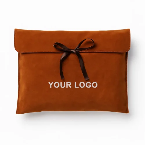 Pochette à rabat en velours beige chaud avec lien en ruban, échantillon personnalisable