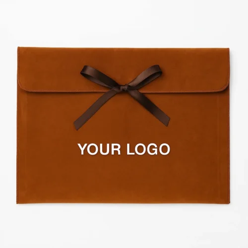 Pochette à rabat en velours beige chaud avec lien en ruban, échantillon d'emballage personnalisable