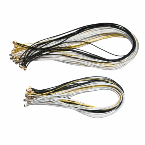 Bundles of professional elastic Menu Cord with Metal Ball in assorted colors including gold, silver, black, and white for menu binding.