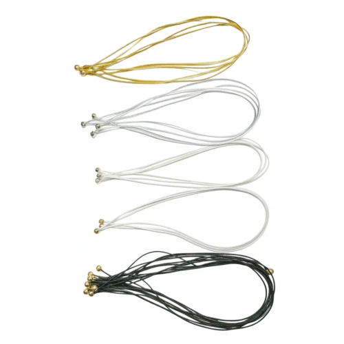 Multiple color samples of custom elastic Menu Cord with Metal Ball, showing gold, silver, white, and black loops.