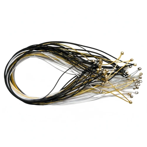 Custom elastic menu cord with metal ball fasteners in black, gold, and silver, showing factory samples for A4 and A5 menu binding.