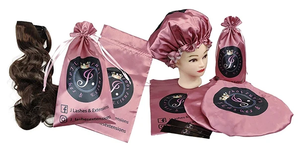 Custom-designed pink satin hair extension bundle bags with black printed logos, stickers, and hang tags from Shenzhen Unimbus Gift Pack Co., Ltd.