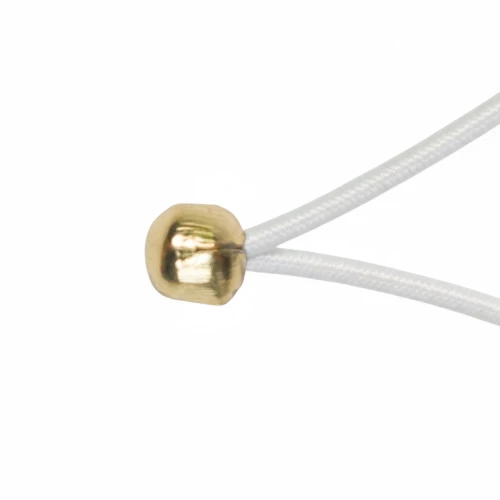 Custom white elastic menu cord with metal ball bead for A4 and A5 menu folders, highlighting the reinforced connection.