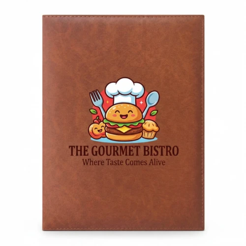 Brown PU leather custom logo menu cover with professional edge stitching for restaurant and hospitality branding.