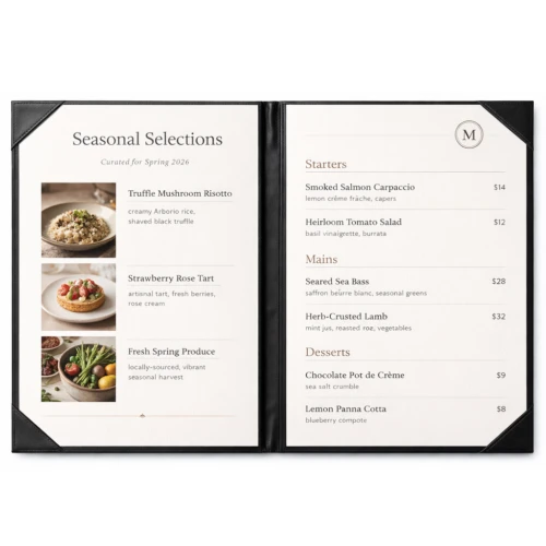 Custom logo menu cover in black PU leather with corner pockets for A4 restaurant menu inserts.
