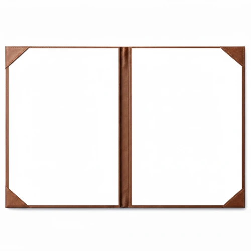 Custom Logo Menu Cover in brown PU leather, shown open with twin A4 pages and reinforced corner pockets for restaurant menu inserts.