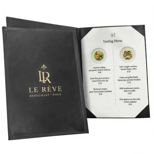 A premium black PU leather Custom Logo Menu Cover with gold foil stamping and high-density edge stitching for restaurants and hotels.