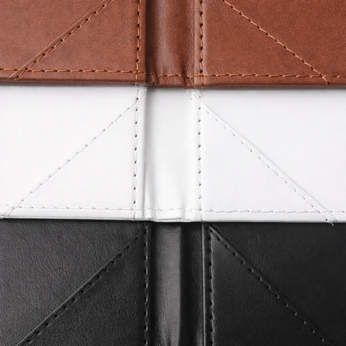 Triple-color Custom Logo Menu Cover samples in brown, white, and black PU leather showing premium reinforced stitching for A4 menu inserts.