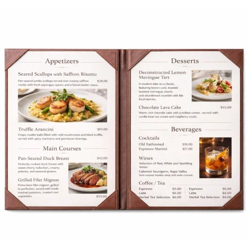 Brown PU leather custom logo menu cover shown open with A4 menu inserts and reinforced corner-style pockets.