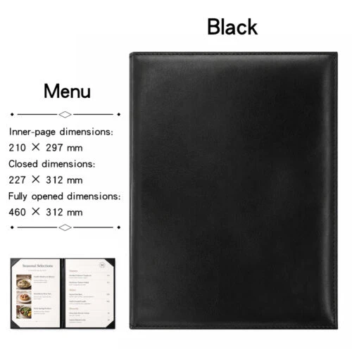 Classic black custom logo menu cover in heavy-duty PU leather, A4 size for fine dining and commercial use.