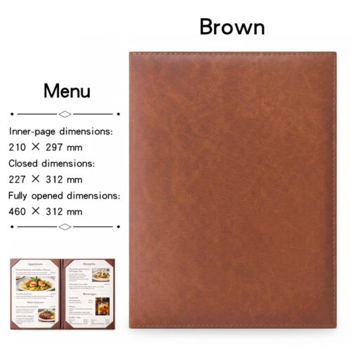 Durable brown faux leather custom logo menu cover showing A4 dimensions and vintage texture for bars and hotels.
