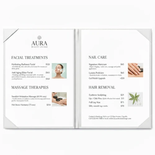 White PU leather custom logo menu cover opened to show A4 page inserts and professional corner pockets for salon or restaurant branding.