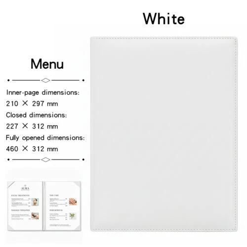 Custom logo menu cover in white PU leather, A4 size with professional edge stitching for restaurants and salons.