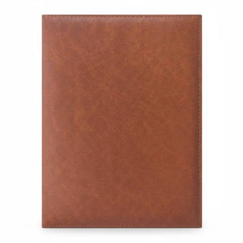 Brown PU leather custom logo menu cover in A4 size with durable reinforced edge stitching for restaurant and hospitality use.
