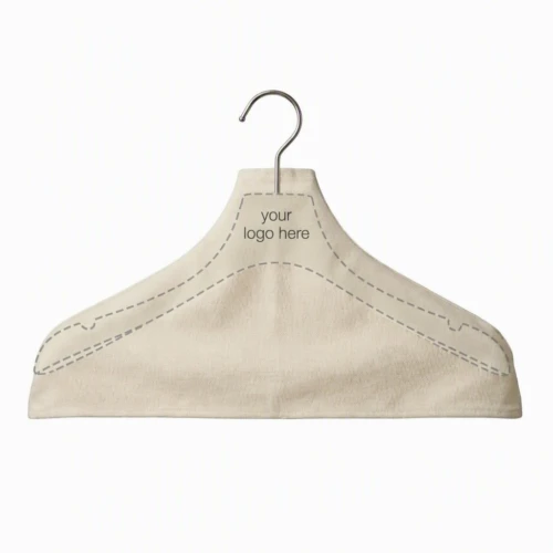 Custom Fabric Hanger Covers in natural cotton showing the logo placement guide on the shoulder panel