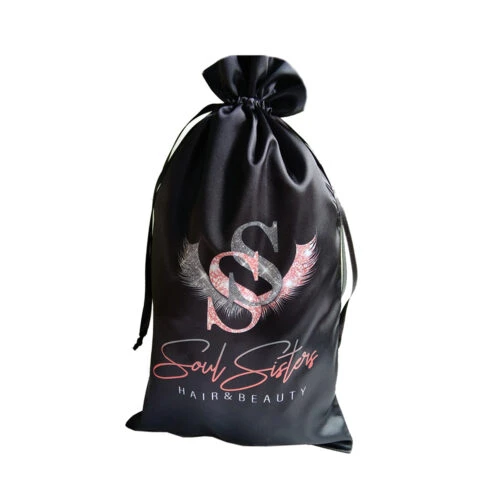 Black RPET satin bag with a custom printed logo, an example of personalized branded packaging for retail and promotional gifts.